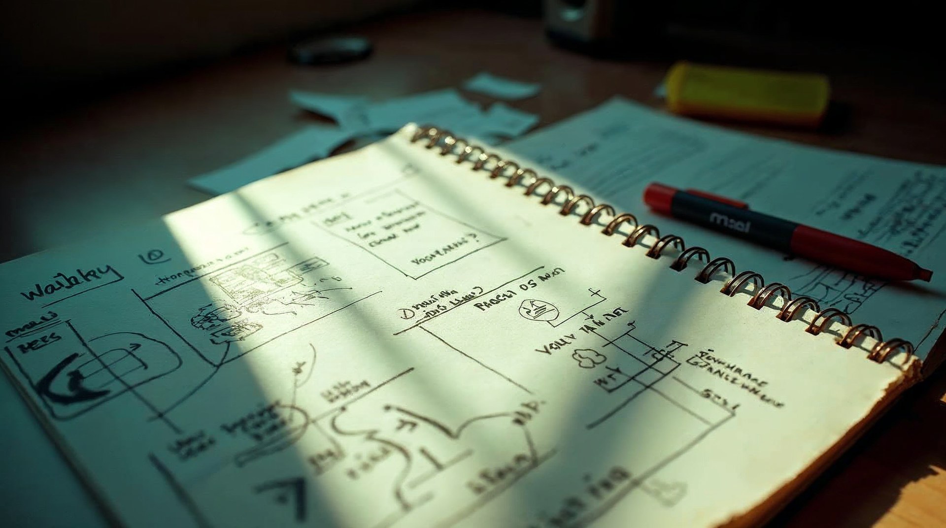 Storyboard sketches spread across a scratched desk with a marker still uncapped