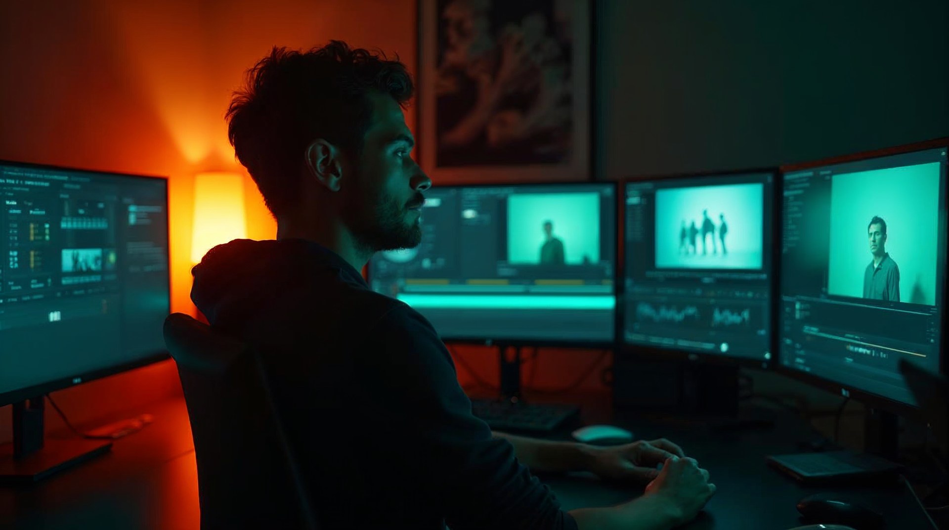 Art director alone in a dim edit suite scrubbing a timeline, orange key light raking across their face