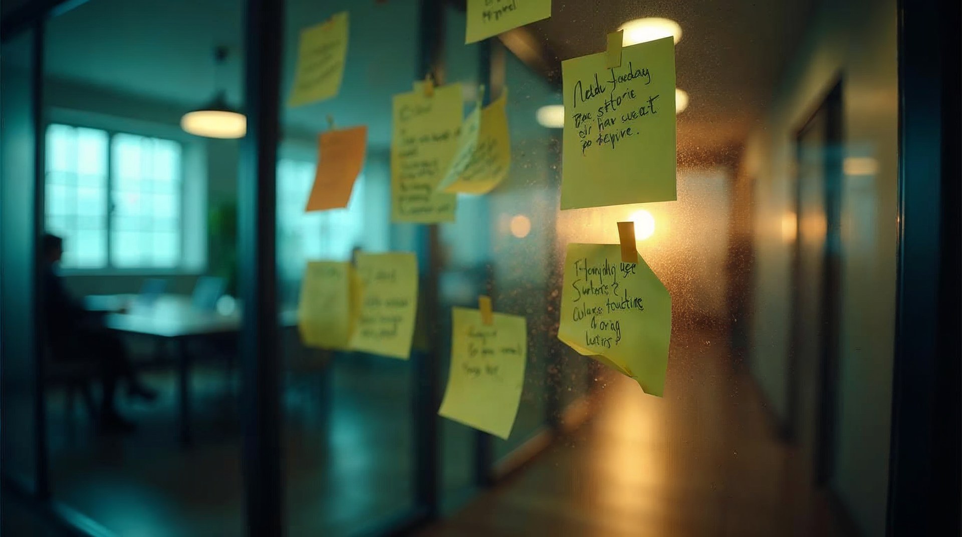 Sticky notes of user questions covering a glass partition, one peeling off
