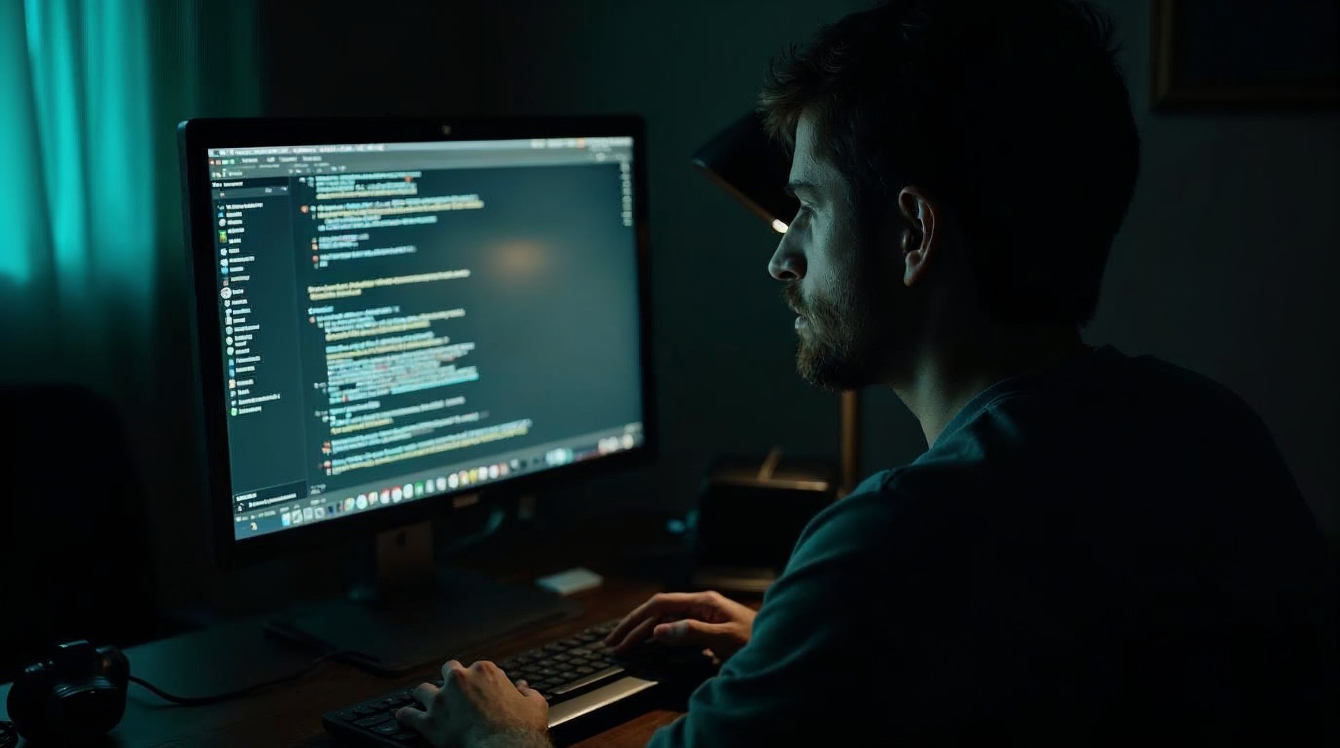 Product marketer typing a long question into a chat window late at night, face lit from one side, office dark behind