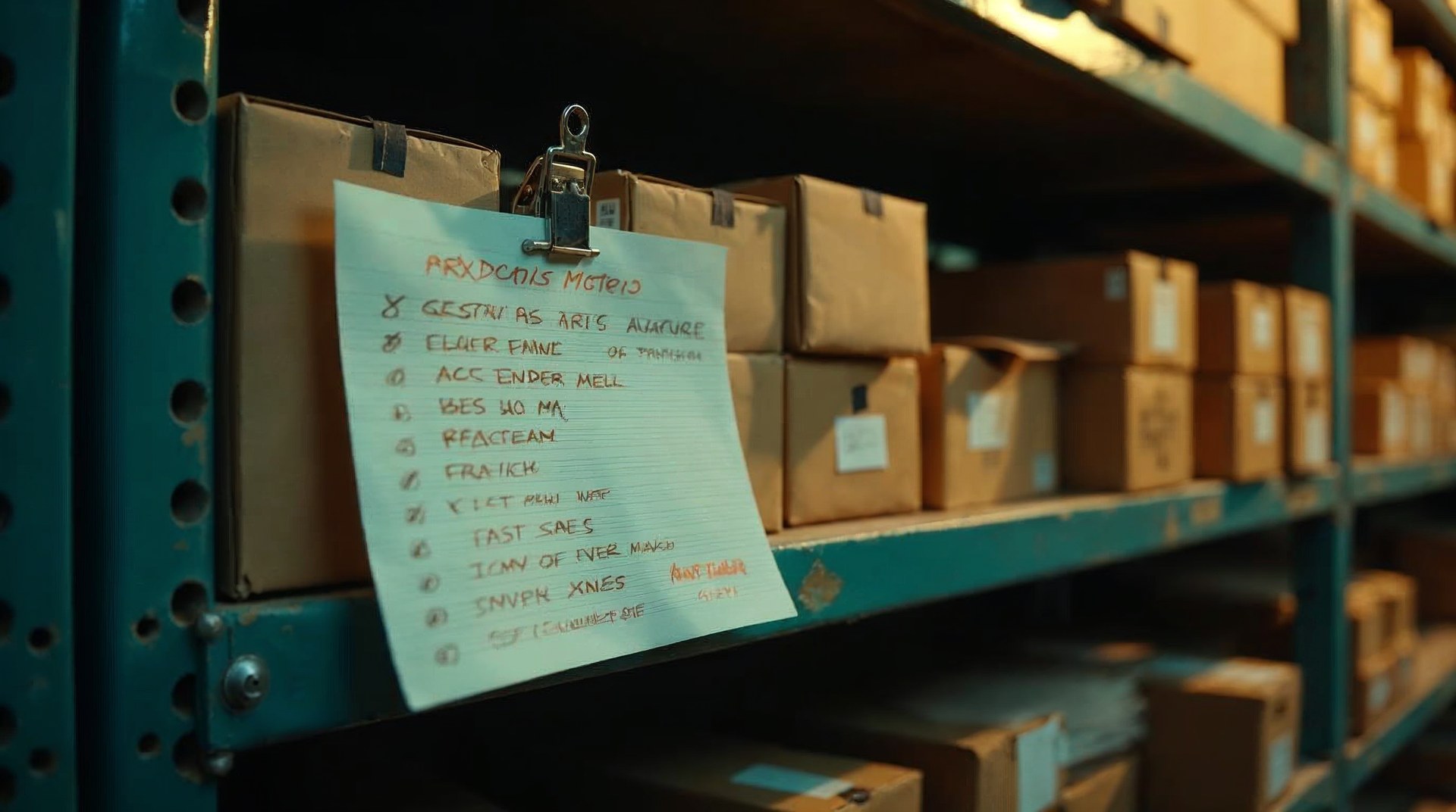 Printed pick list clipped to a shelf edge, marked in orange pen, boxes stacked behind