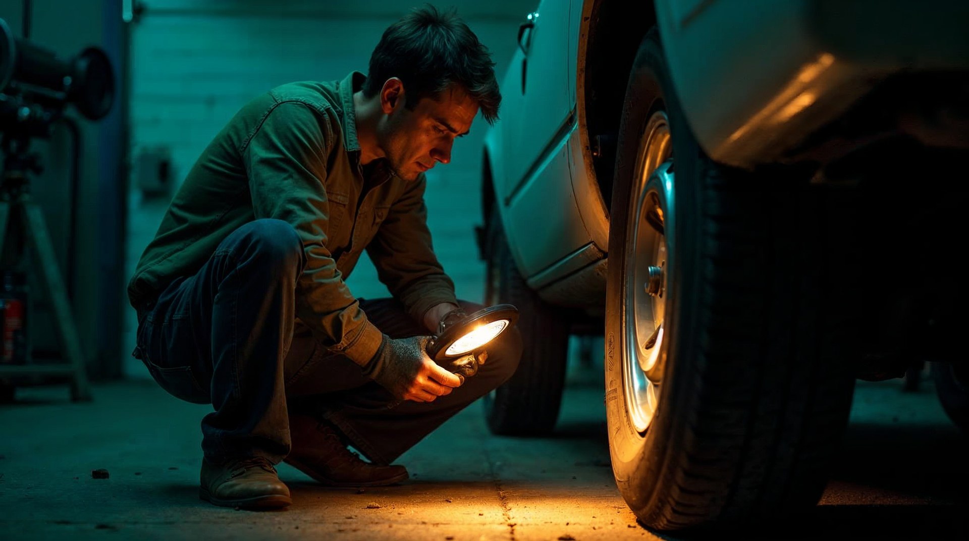 Mechanic crouched beside a wheel arch holding a phone, grease on their knuckles, work lamp throwing hard shadows