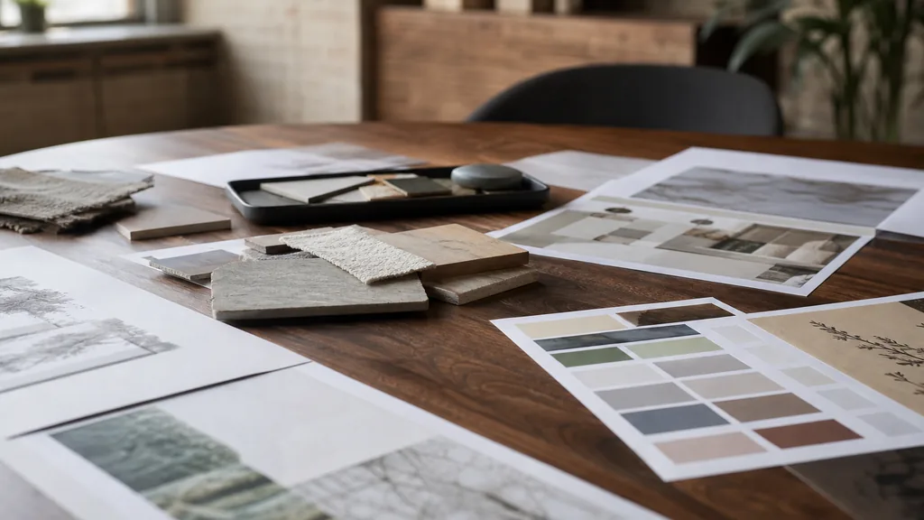 Editorial photograph of printed brand boards and colour proofs on a walnut table in a Kansas design studio