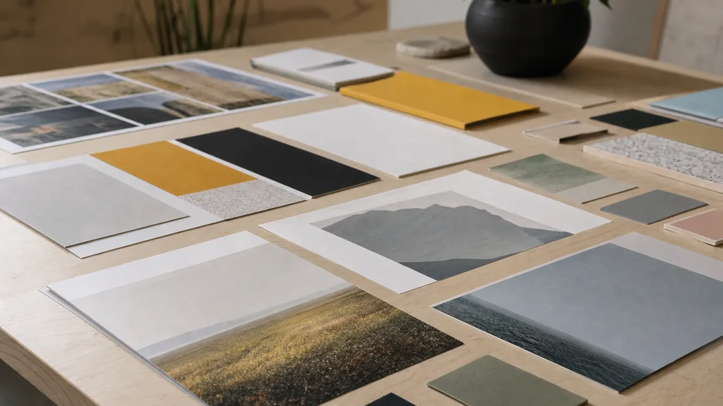 Editorial photograph of printed identity boards and print proofs on a birch table in a prairie Canadian design studio