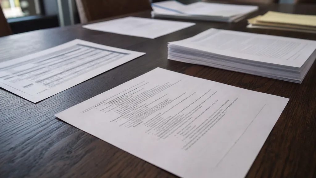 Editorial photograph of printed campaign scripts and messaging documents on a dark oak table in a Texas agency office