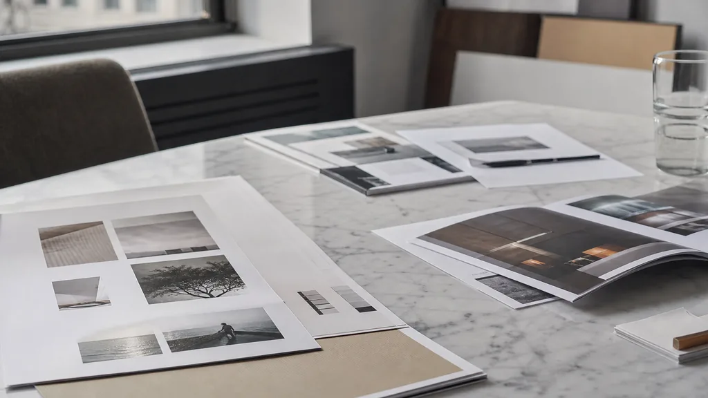 Editorial photograph of printed brand messaging documents and proof pages on a marble table in a northeastern agency office