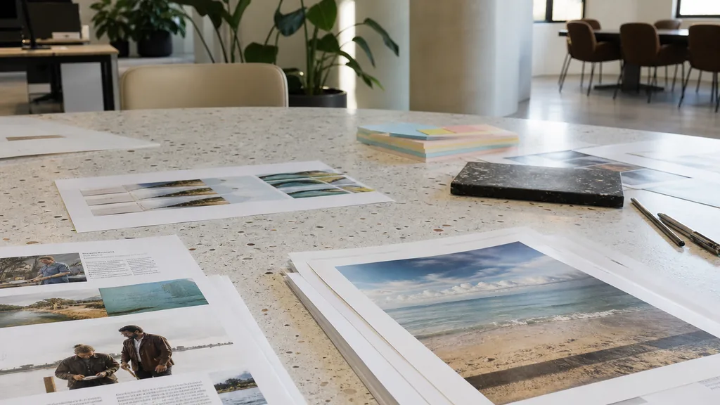 Editorial photograph of printed campaign copy and bilingual proof pages on a pale terrazzo table in a South Florida agency office