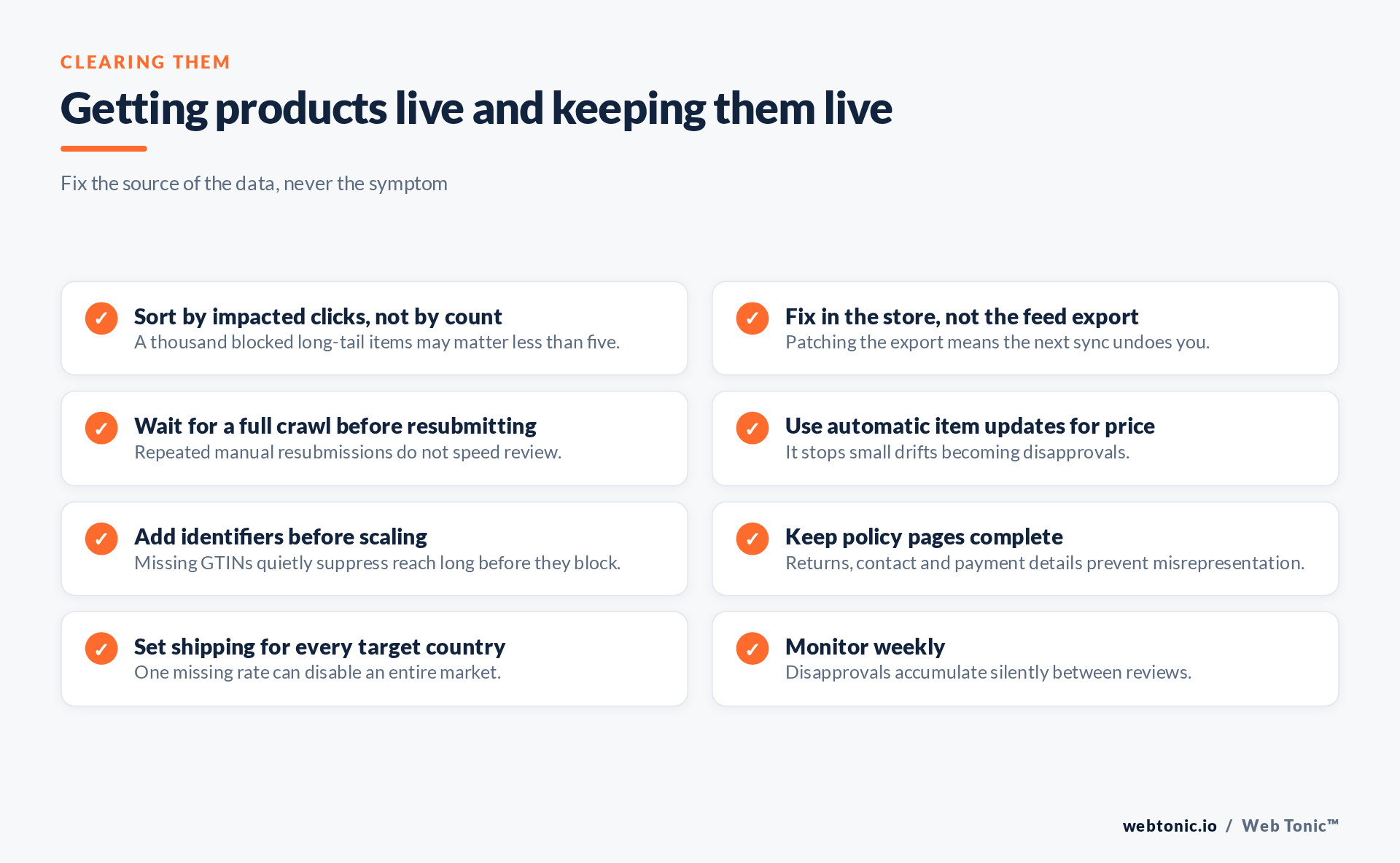 Checklist for clearing Merchant Center disapprovals and keeping products live