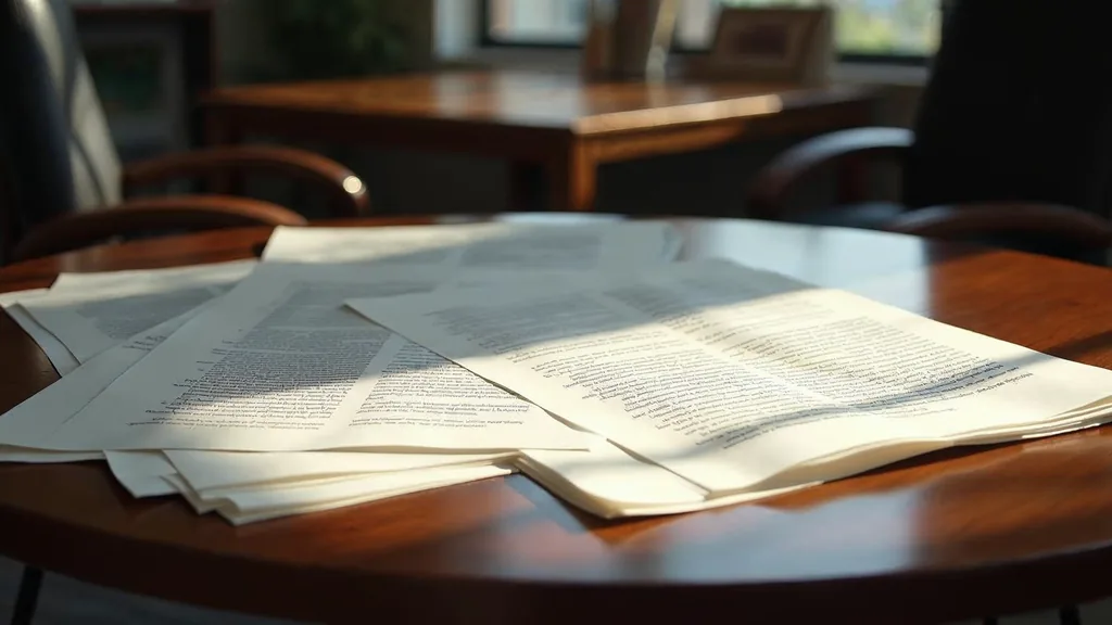 Editorial photograph of printed campaign scripts and messaging documents on a dark oak table in a Louisiana agency office