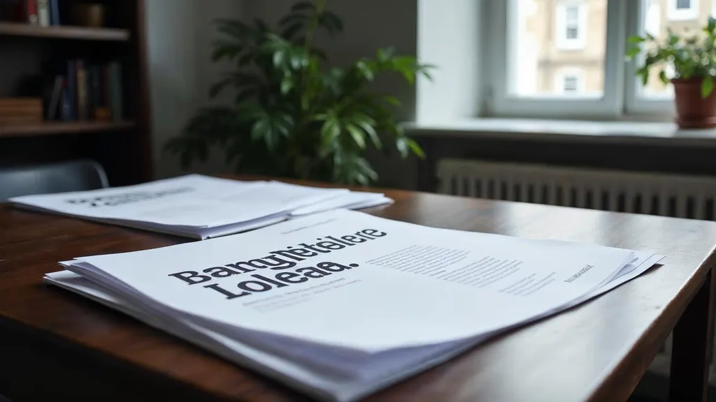 Editorial photograph of printed brand messaging documents and proof pages on a dark walnut table in a British city agency office