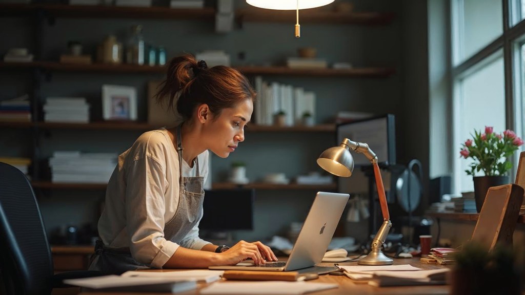 A small-business owner in an apron leaning over a laptop on a cluttered back-office desk late in the day, photographed in Tampa