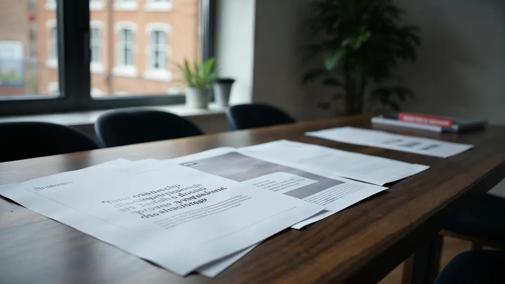 Editorial photograph of printed brand messaging documents and proof pages on a dark oak table in a Northern Irish agency office
