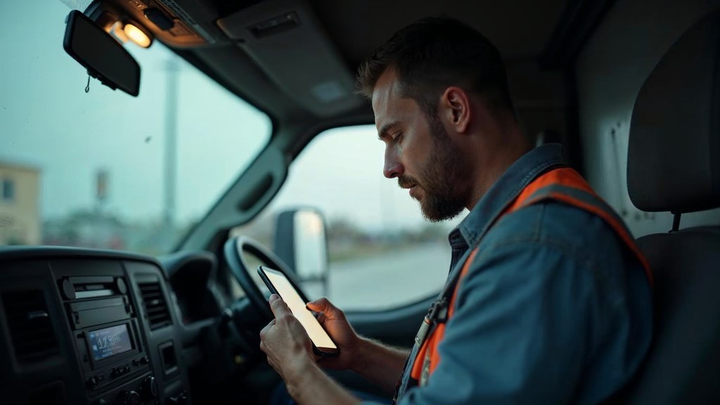 A contractor sitting in the cab of a work van reviewing a phone before driving off, photographed in Tampa
