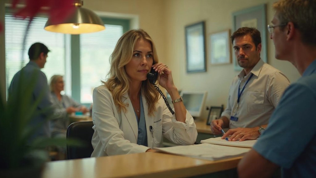 A clinic receptionist taking a phone call at a busy front desk with patients waiting, photographed in Tampa