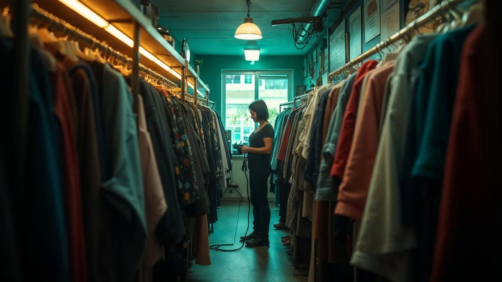 A boutique owner steaming garments in a narrow shop stockroom at opening time, photographed in Tampa
