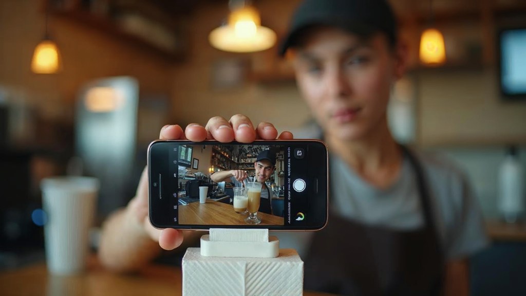 A young cafe worker filming a drink being poured on a phone propped against a napkin holder, photographed in Tampa