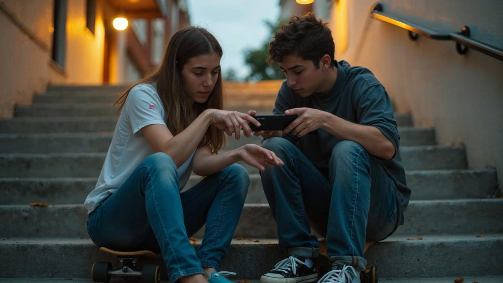 Two teenagers on skateboards looking at a phone on a set of concrete steps, photographed in Tampa