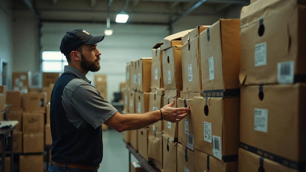 A seller checking barcodes on stacked cartons in a garage stockroom, photographed in Tampa