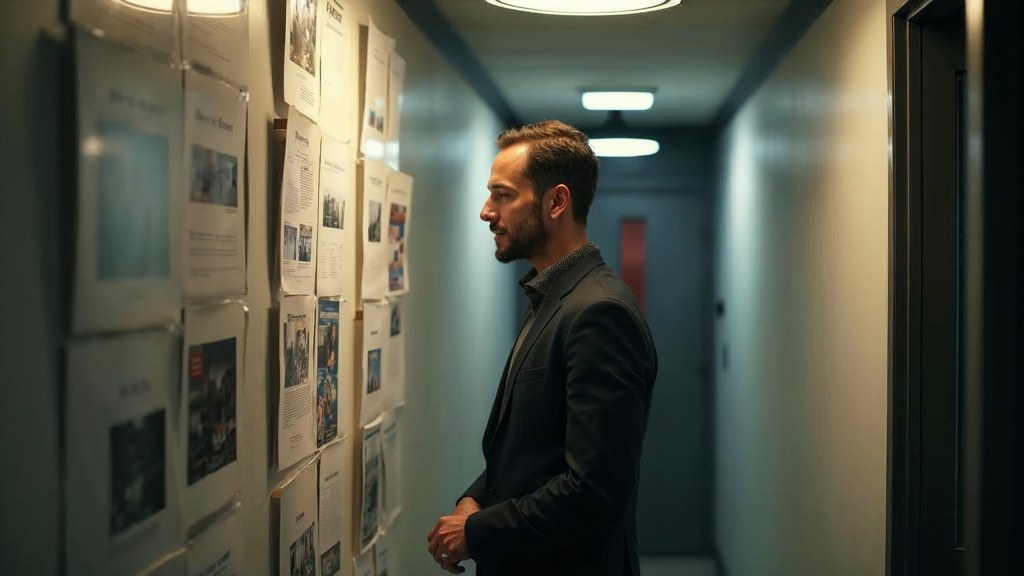 A media planner standing at a wall of printed layouts in a narrow agency corridor, photographed in Tampa