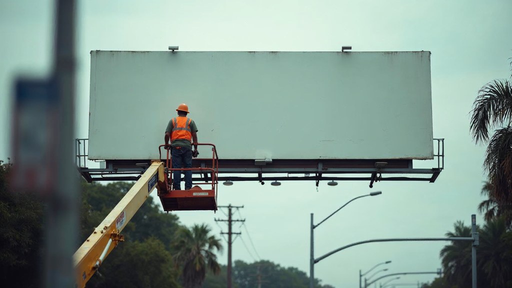 A crew member on a lift installing a blank billboard panel above a busy street, photographed in Tampa