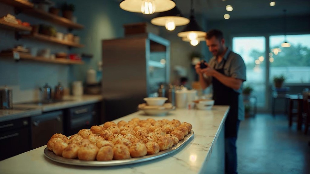A bakery owner photographing a tray of pastries on a marble counter at dawn, photographed in Tampa