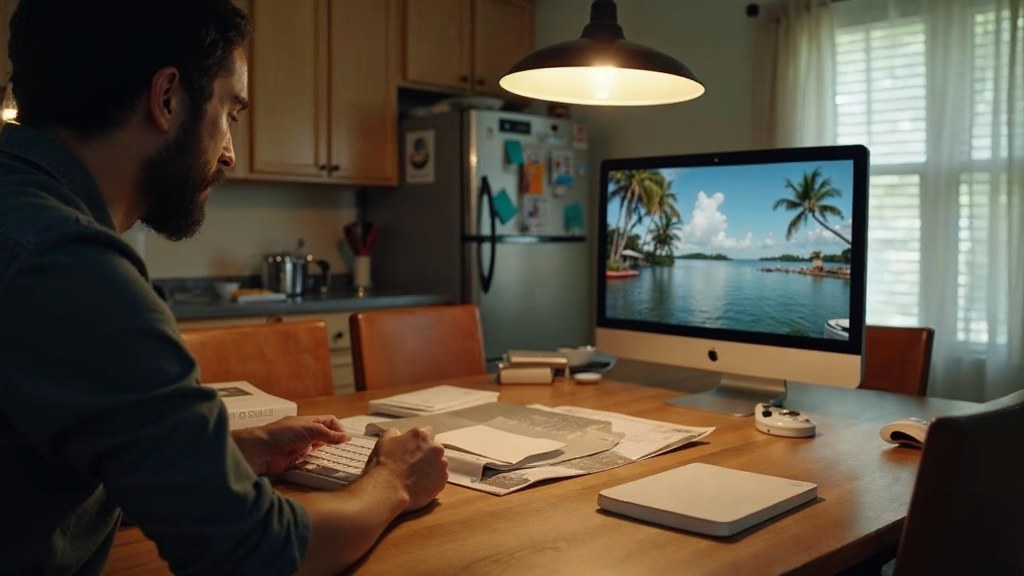 A customer filming an unboxing on a kitchen table strewn with packaging, photographed in Tampa