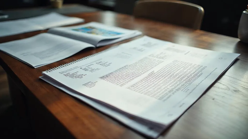 Editorial photograph of printed brand messaging documents and proof pages on a dark oak table in a New England agency office
