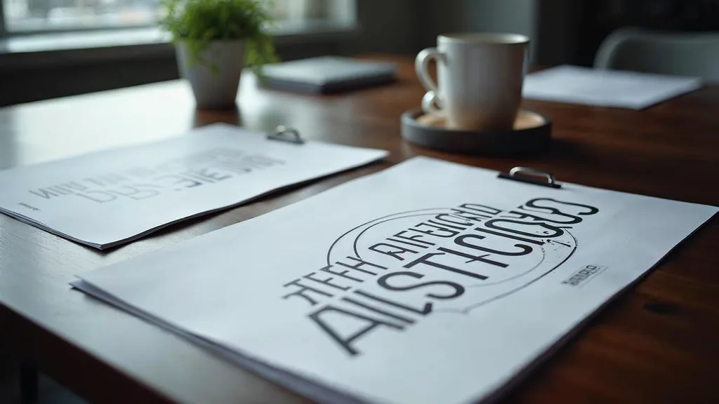 Editorial photograph of printed brand messaging documents and proof pages on a dark walnut table in a British harbourside agency office