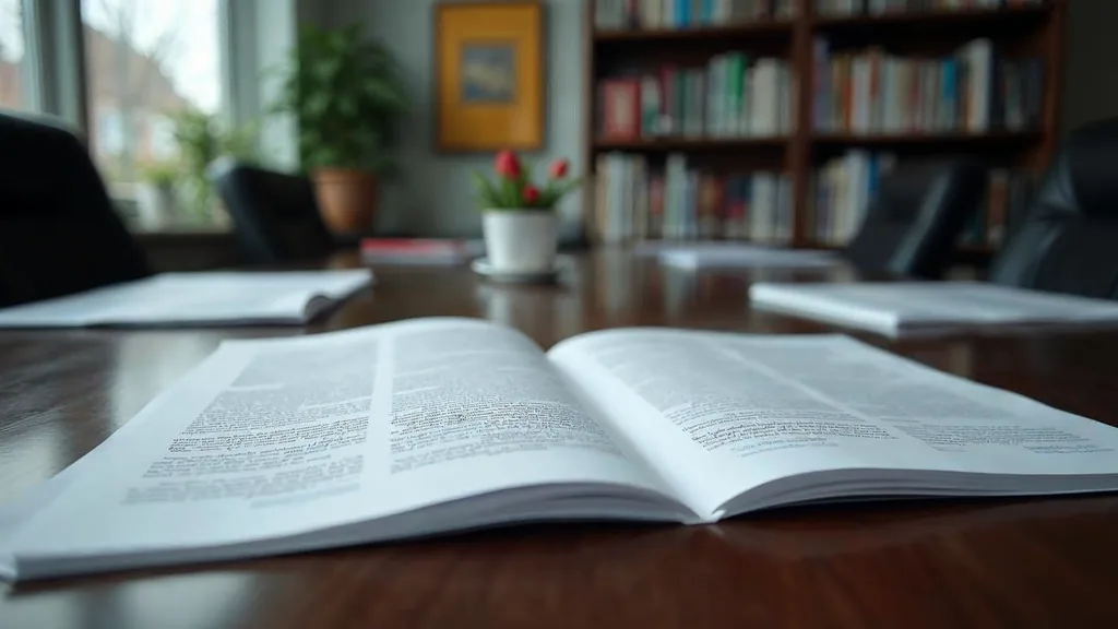 Editorial photograph of printed advertising copy and proof pages on a dark oak table in a Western New York agency office