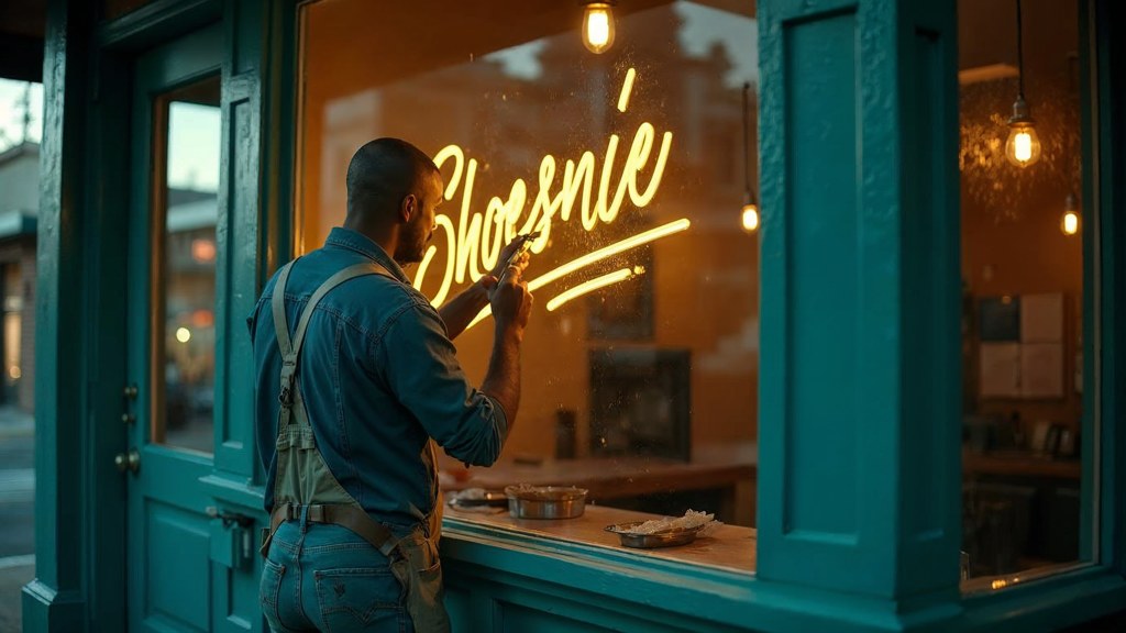 A sign painter finishing gold lettering on a shopfront window from the street side, photographed in Tampa