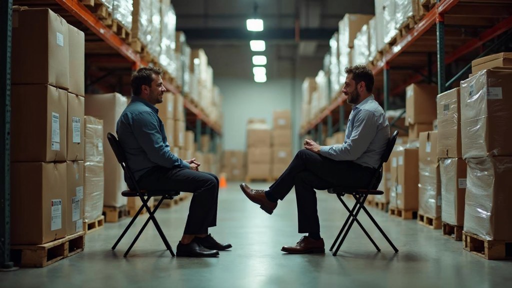 A warehouse supervisor interviewing a candidate on folding chairs beside stacked pallets, photographed in Tampa