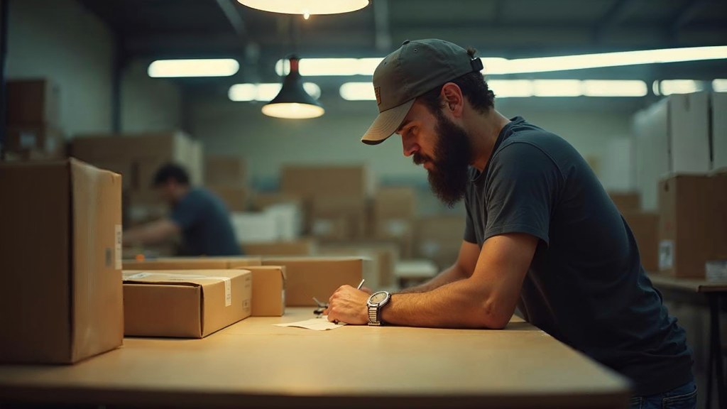 A warehouse worker taping shipping boxes under strip lighting in a small fulfilment room, photographed in Tampa