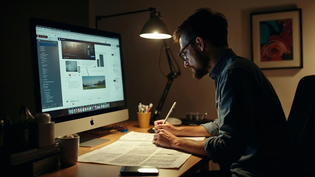 A studio designer sketching a page layout on paper beside a monitor in a dim room, photographed in Tampa