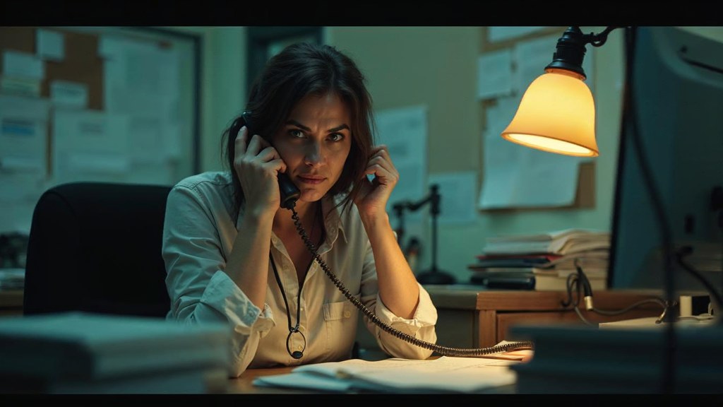 An office manager at a cluttered desk with a landline handset tucked under one ear, photographed in Tampa