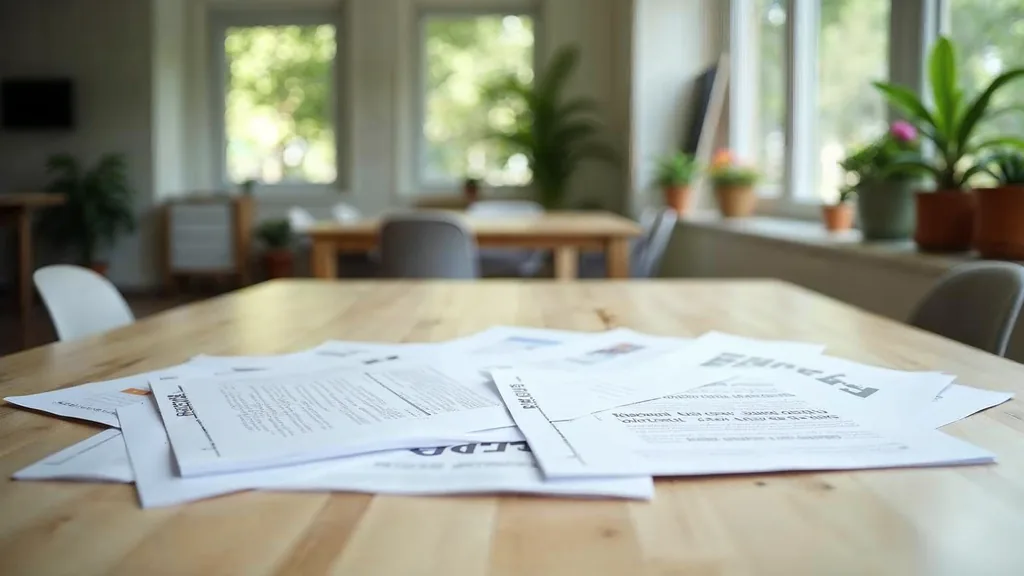 Editorial photograph of printed website copy drafts and proof pages on a pale timber table in a subtropical Australian agency office