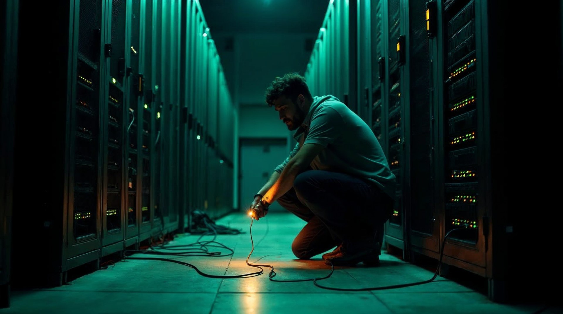 Developer crouched beside a server rack with a torch in their teeth, cables spilling across the floor