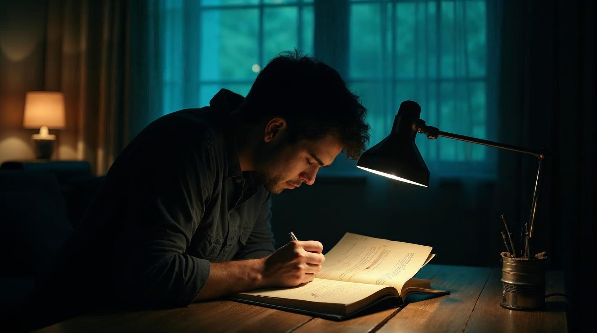 Lone writer at 2am in a dim room, face lit by a single desk lamp, notebook covered in crossed-out headlines