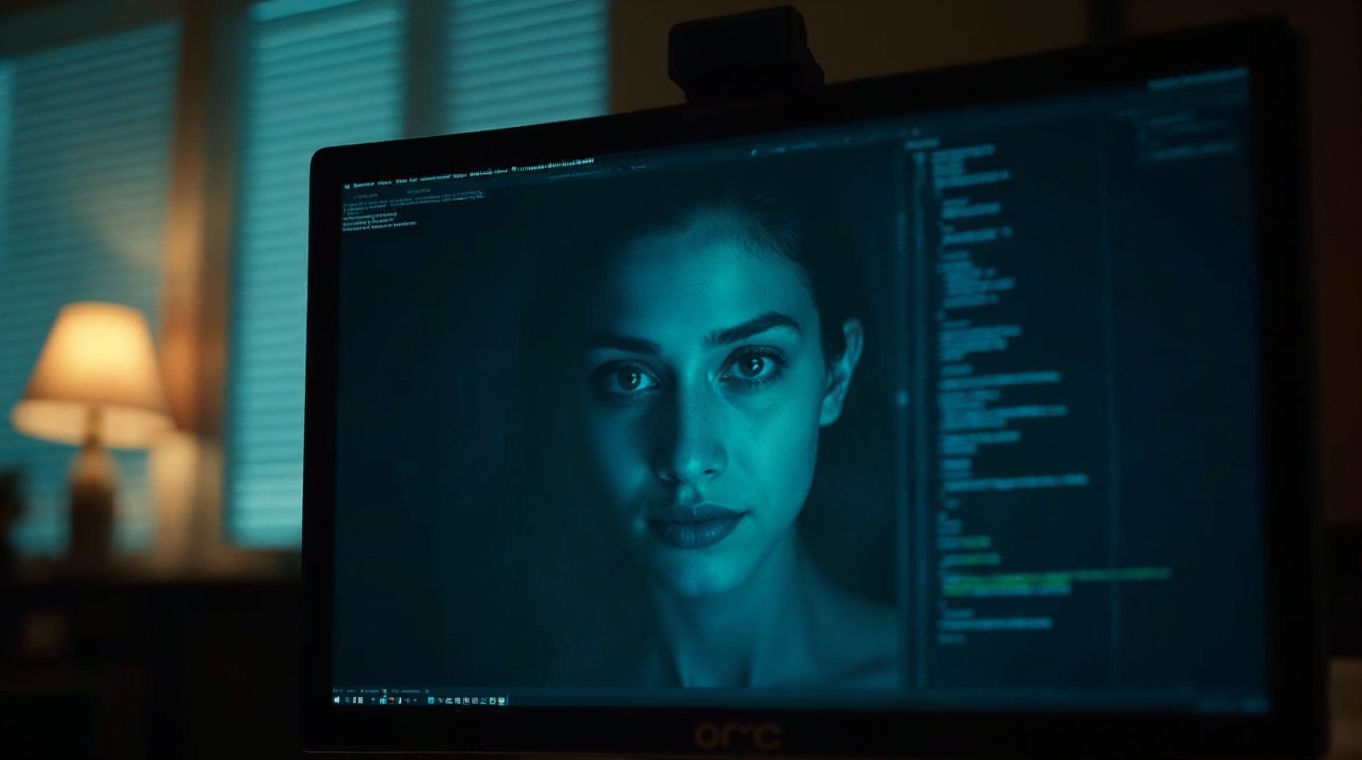 Front-end developer reflected in a dark monitor at dawn, blue code glow on their face, blinds striping the wall