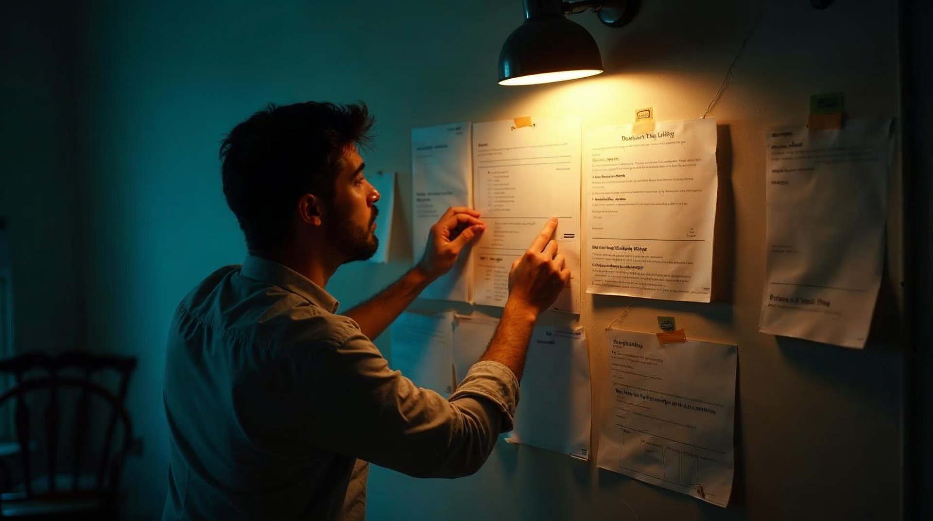 Designer alone at night pinning printed website wireframes to a scuffed studio wall, warm lamp raking across the paper
