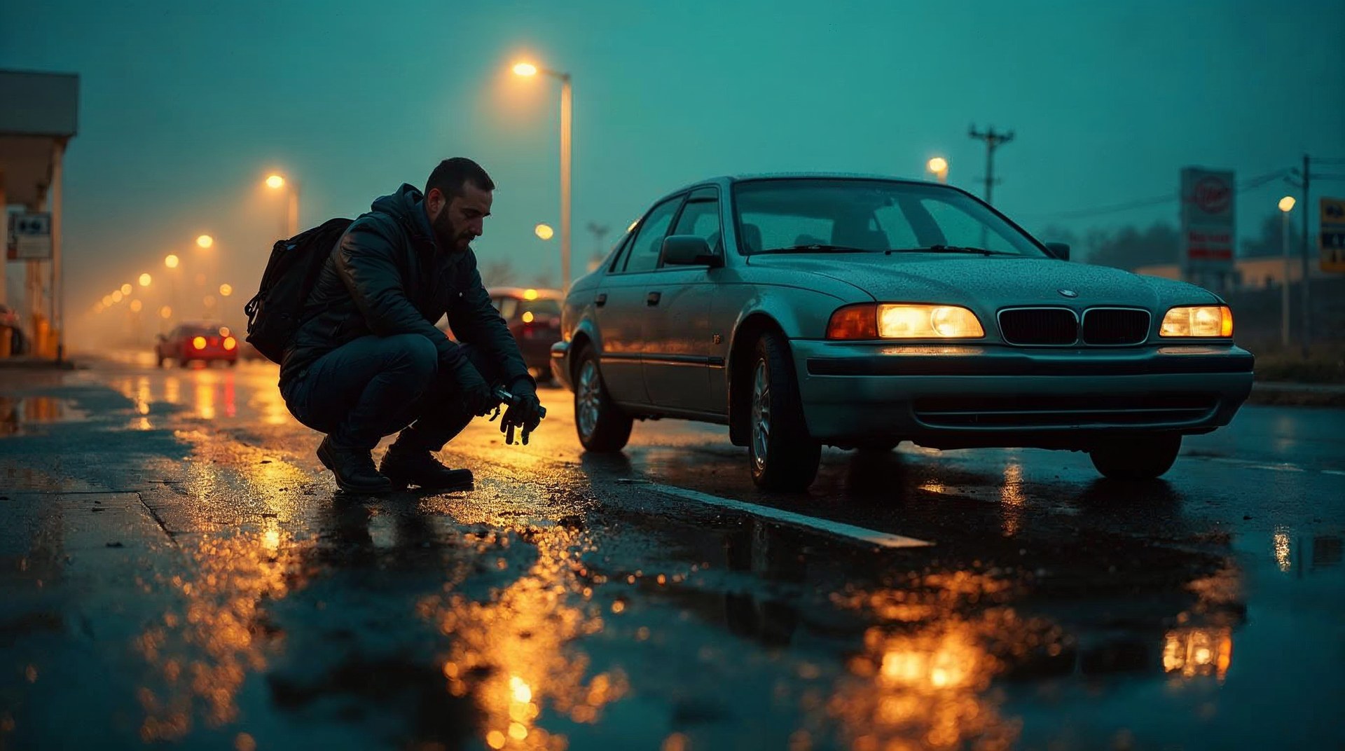 Videographer crouched low beside a car on a wet dealership lot at dusk, sodium lamps flaring, gimbal in hand