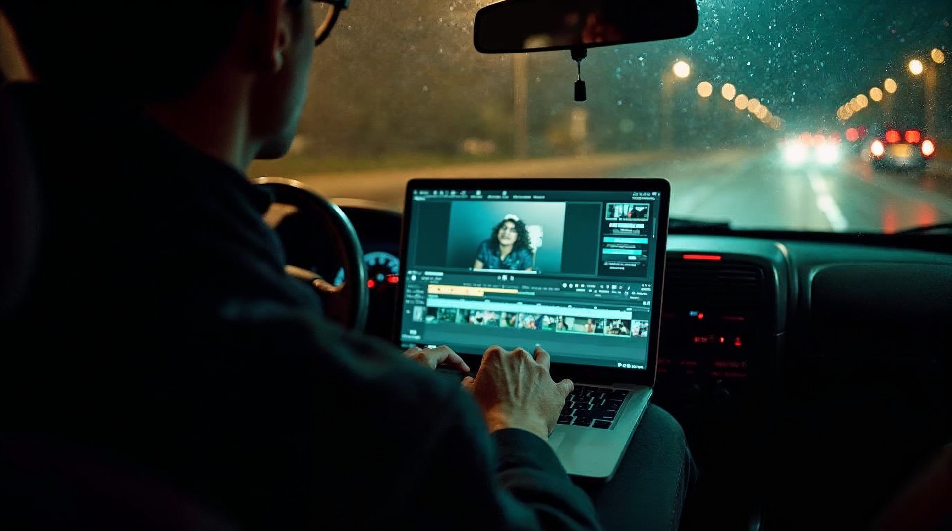 Editor's hands scrubbing a timeline on a laptop in a parked car at night, dashboard glow on the screen