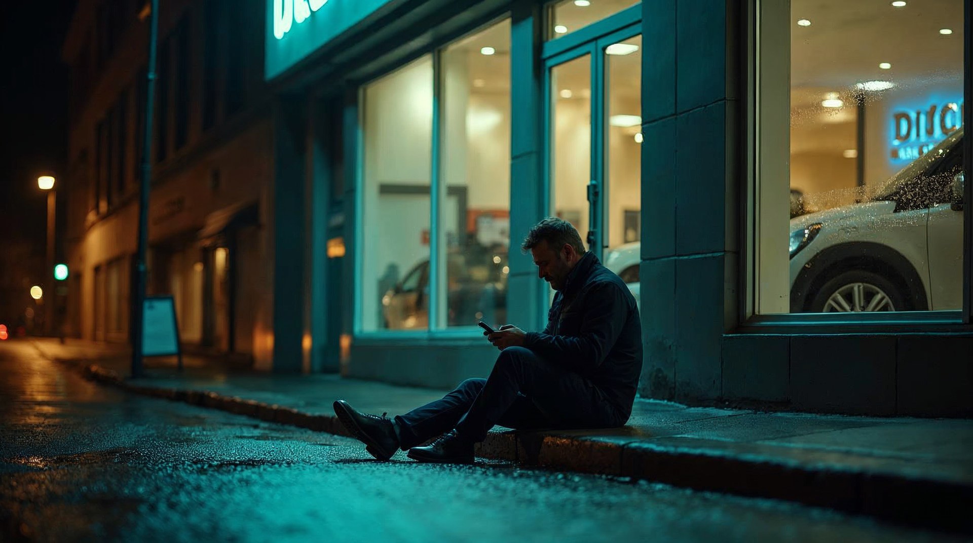 Shopper sitting on a kerb outside a closed dealership at night typing on a phone, showroom glass glowing behind them