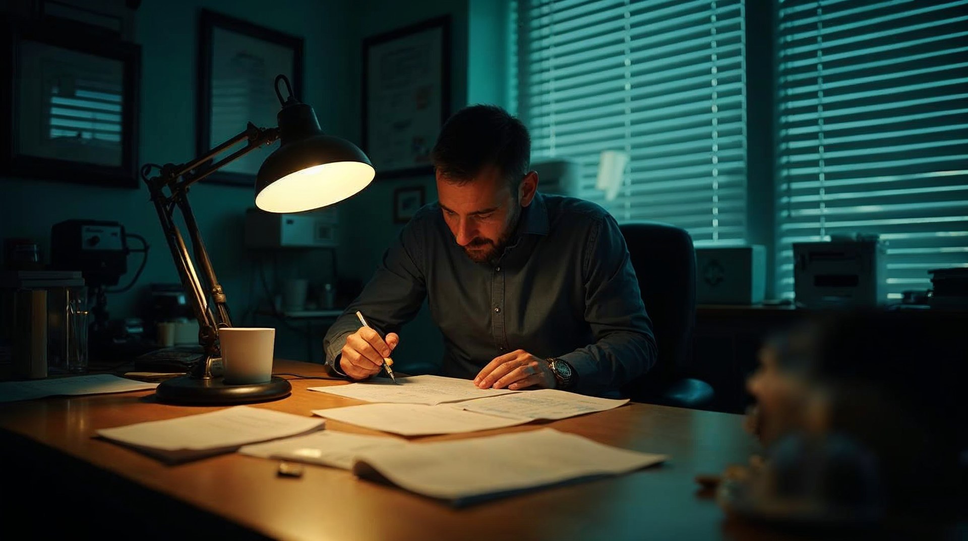 Dealership marketer at a cluttered desk before opening, one lamp lit, printed inventory list annotated in pen