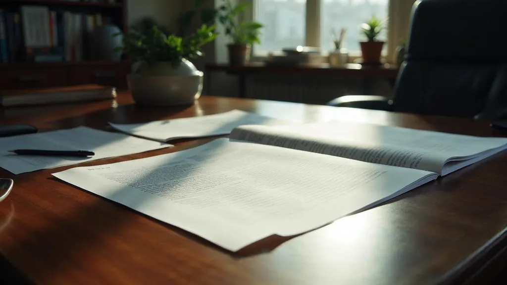 Editorial photograph of printed advertising copy and proof pages on a dark oak table in a Midwestern riverfront agency office