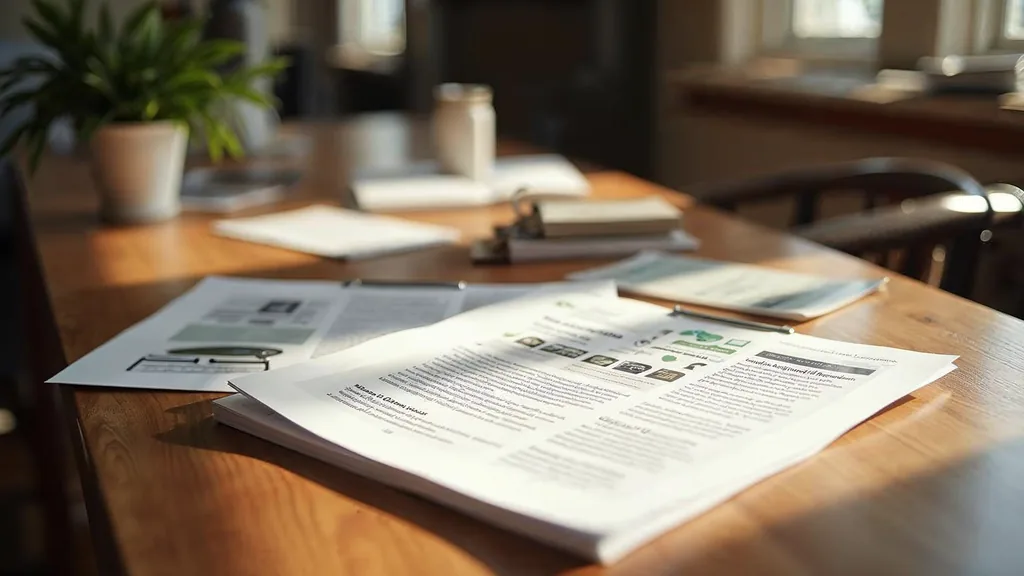 Editorial photograph of printed brand messaging documents and proof pages on a walnut table in a southern United States agency office