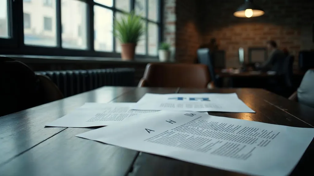 Editorial photograph of printed website copy drafts and proof pages open on a pale timber table in a Midwestern American agency office