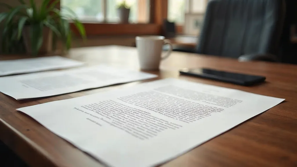 Editorial photograph of marked up printed advertising copy and a notebook on a wide oak desk in a Midwestern American creative studio