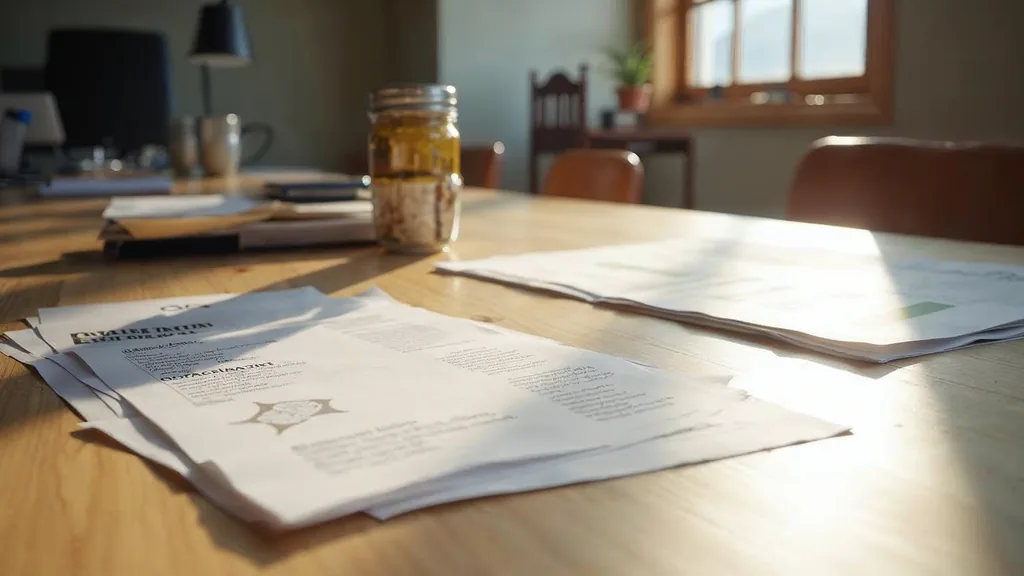 Editorial photograph of printed brand messaging drafts and a pen on a light wood desk in a Colorado marketing studio with mountain daylight