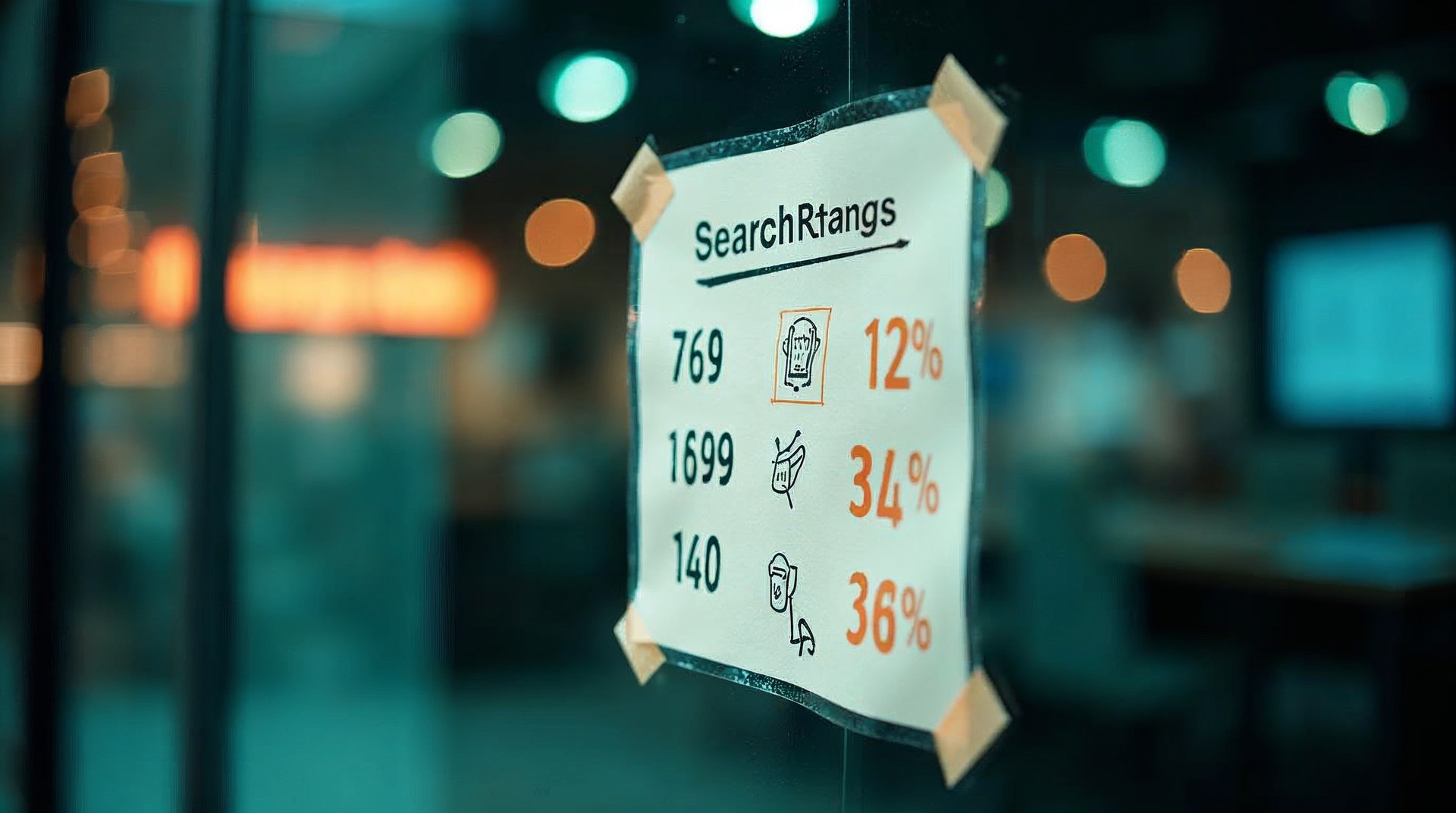 Printed page of search ranking figures taped to a showroom window and marked up in orange pen