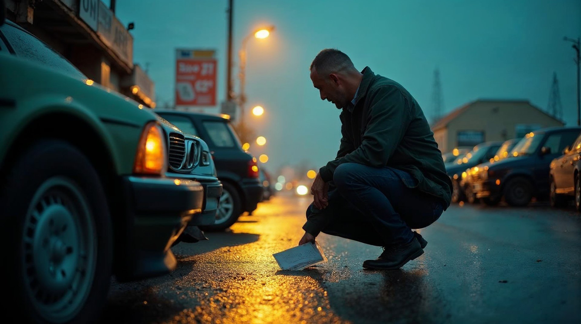 Used-car sales manager crouching beside a windscreen price sticker on a wet forecourt at dusk